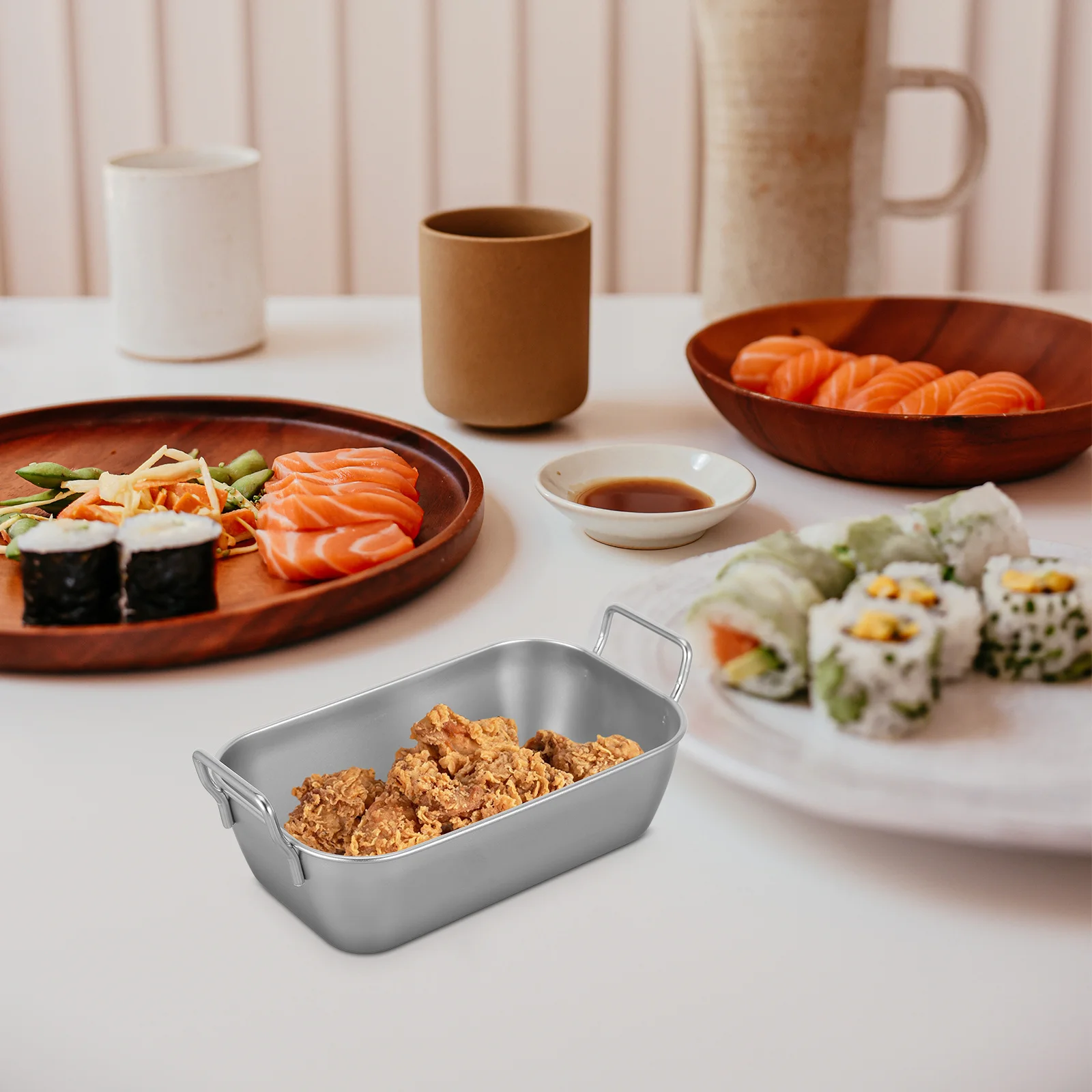 

2 pcs Snack With Handle Stainless Steel Square Food Serving Tray For Candies Fried Chicken Fries Dried Fruit Bbq Dessert Bread