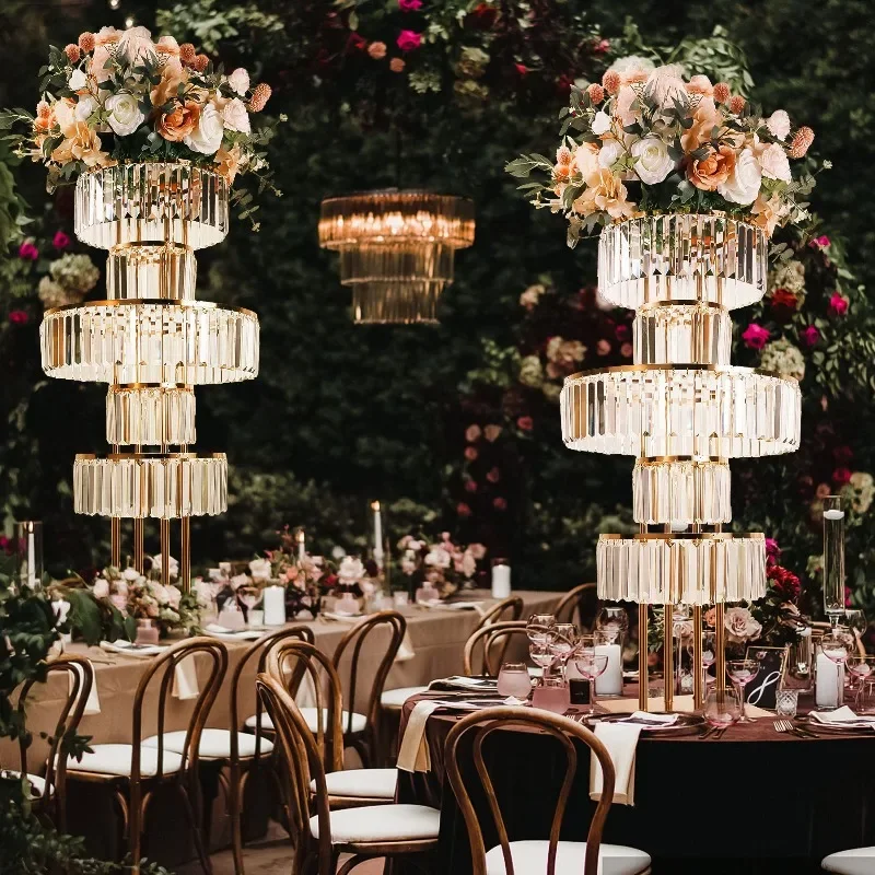Wedding gold vase, centerpiece, crystal flower stand with hanging crystal, 5-layer round chandelier, base bracket