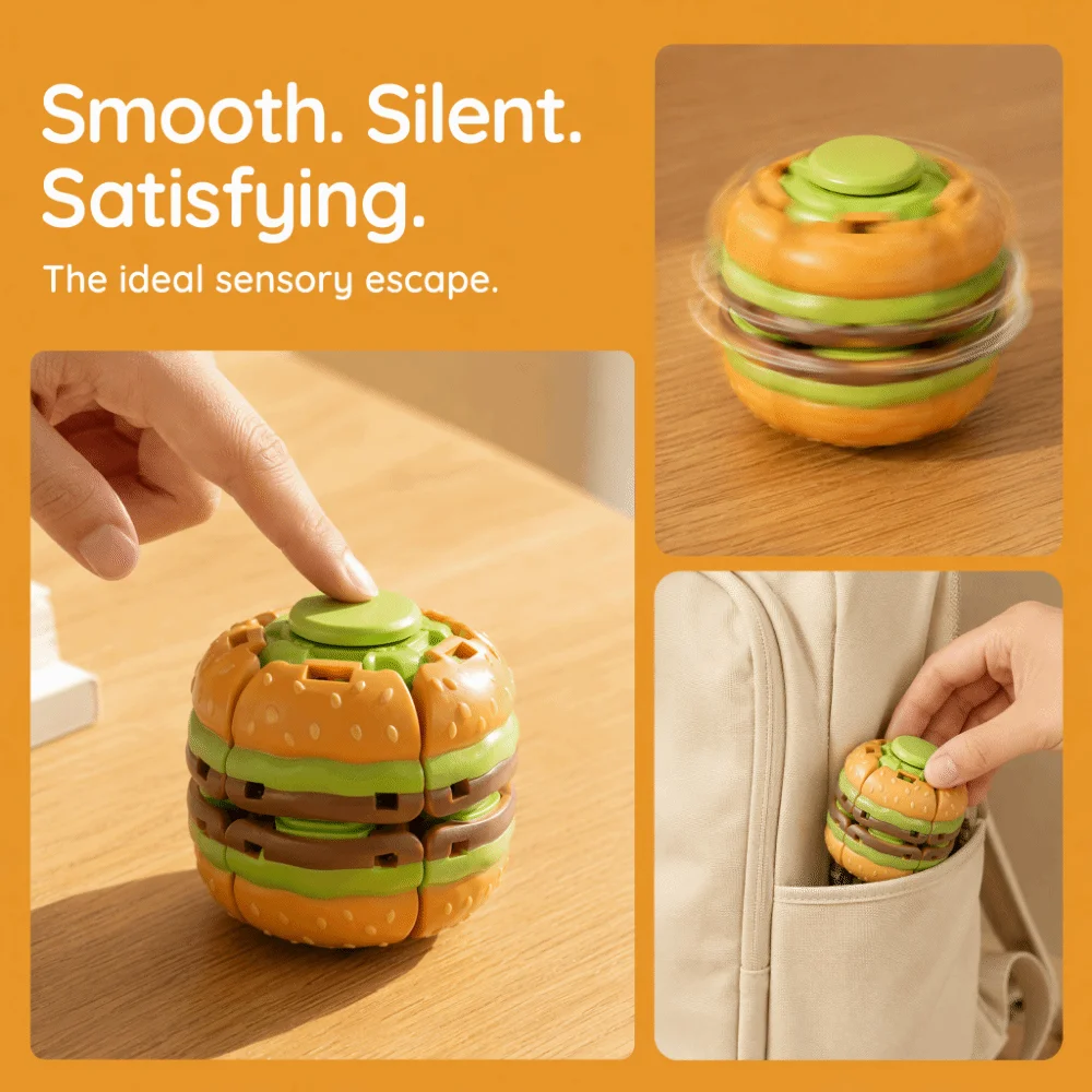 Portable Rotating Fidget Ball Hamburger Shape Rotatable Fidget Stress Relief Pocket-Sized Calming Companion Fidget Spinner Ball