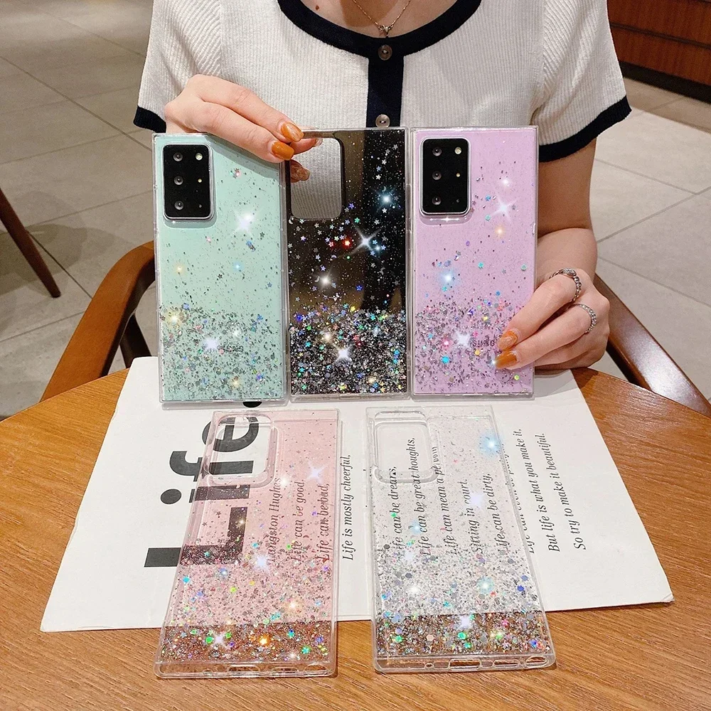 Glitter Star Sequin Phone Case For Samsung Galaxy S24 S23 S22 S21 S20 FE Note 20 Ultra 10 Plus A73 A54 Clear Soft TPU Back Cover