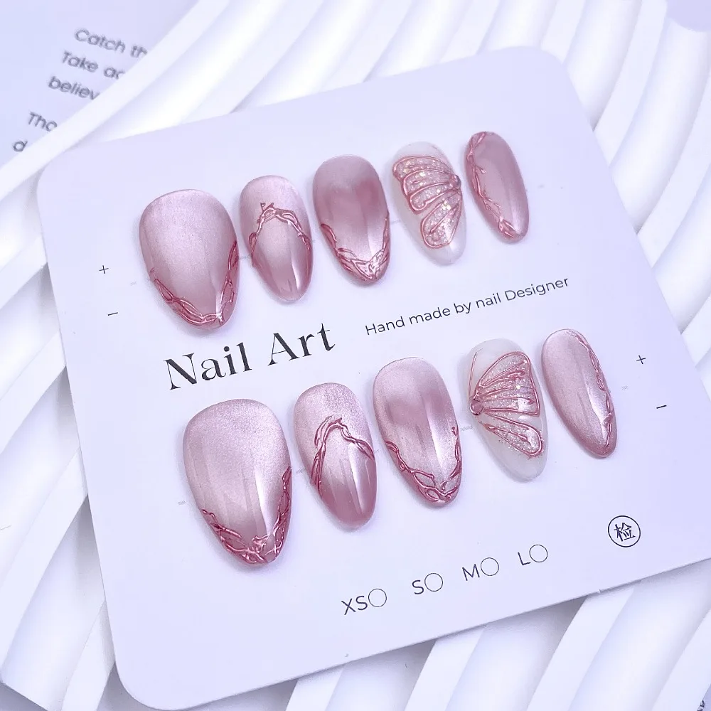 10 قطع إطار وردي لطيف مصنوع يدويًا من الكروم اضغط على الأظافر اللامعة على شكل فراشة ماسية مخملية أظافر وهمية قابلة للإزالة وقابلة لإعادة الاستخدام #4