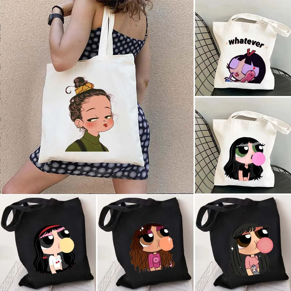 

Aesthetic Pink Powerpuff Girls Cute Cartoon Bubble Gum Kawaii Lovely Women's Shopper Canvas Tote Bags Shopping Shoulder Handbags