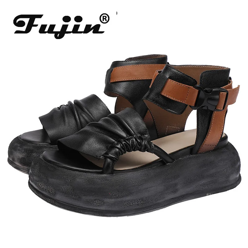 

Fujin 6.5cm Round Summer Sandals Mary Jane Platform Wedge Buckle Women Shoes Cow Genuine Leather Fashion Summer Ankle Booties