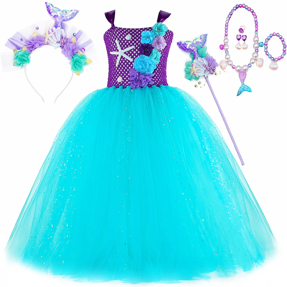 Sparkly Flower Mermaid Princess Long Dress Girls Full Length Tutu Gown Kids Halloween Carnival Costumes Birthday Fancy Outfit