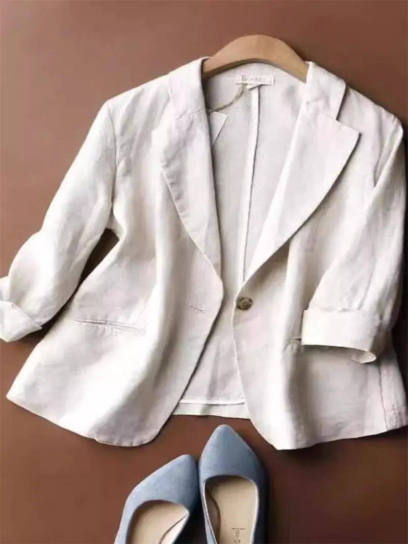 Giacca da abito da donna moda estiva 2025: blazer corto in lino di cotone traspirante e top con maniche a 4/5 - Abbigliamento da ufficio minimalista G674