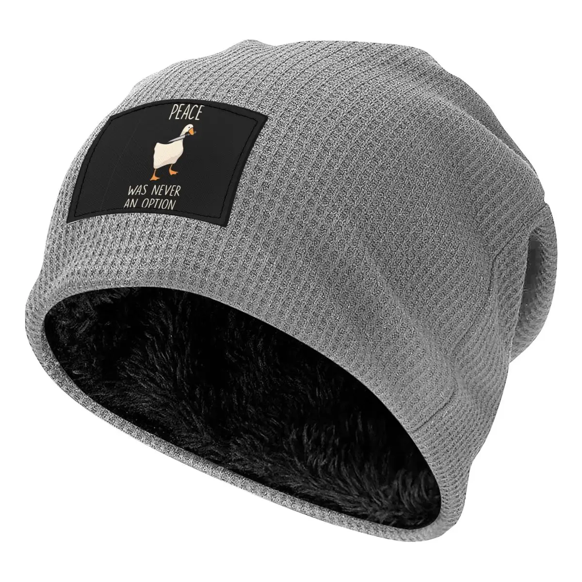 Goose Goose Peace Was Never An Option Waffle Knit Fleece Lined Beanie with PU Leather Patch Unisex Warm Winter Soft Cap