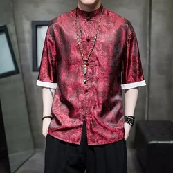 2023 Summer Chinese Style Mens Tops Tang Suit Fashion Solid Traditional Short Sleeve China StyleDragon Pattern Printing Shirt