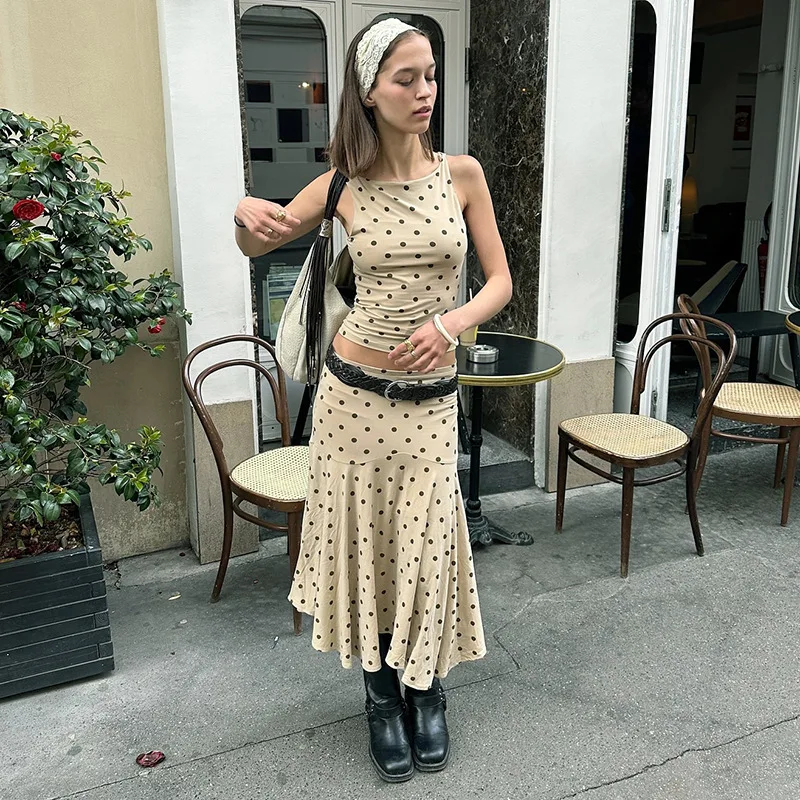 

Длинная юбка Tuularose в горошек для женщин, жилет без рукавов с круглым вырезом, топ, плиссированная юбка, комплект женских модных офисных женских платьев