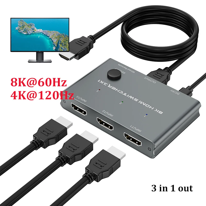 3 in 1ออก HDMI SWITCH 8K @ 60Hz, ตัวแยก HDMI พร้อมตัวควบคุมแบบมีสายตัวเลือก3พอร์ต HDMI สำหรับคอมพิวเตอร์3เครื่อง