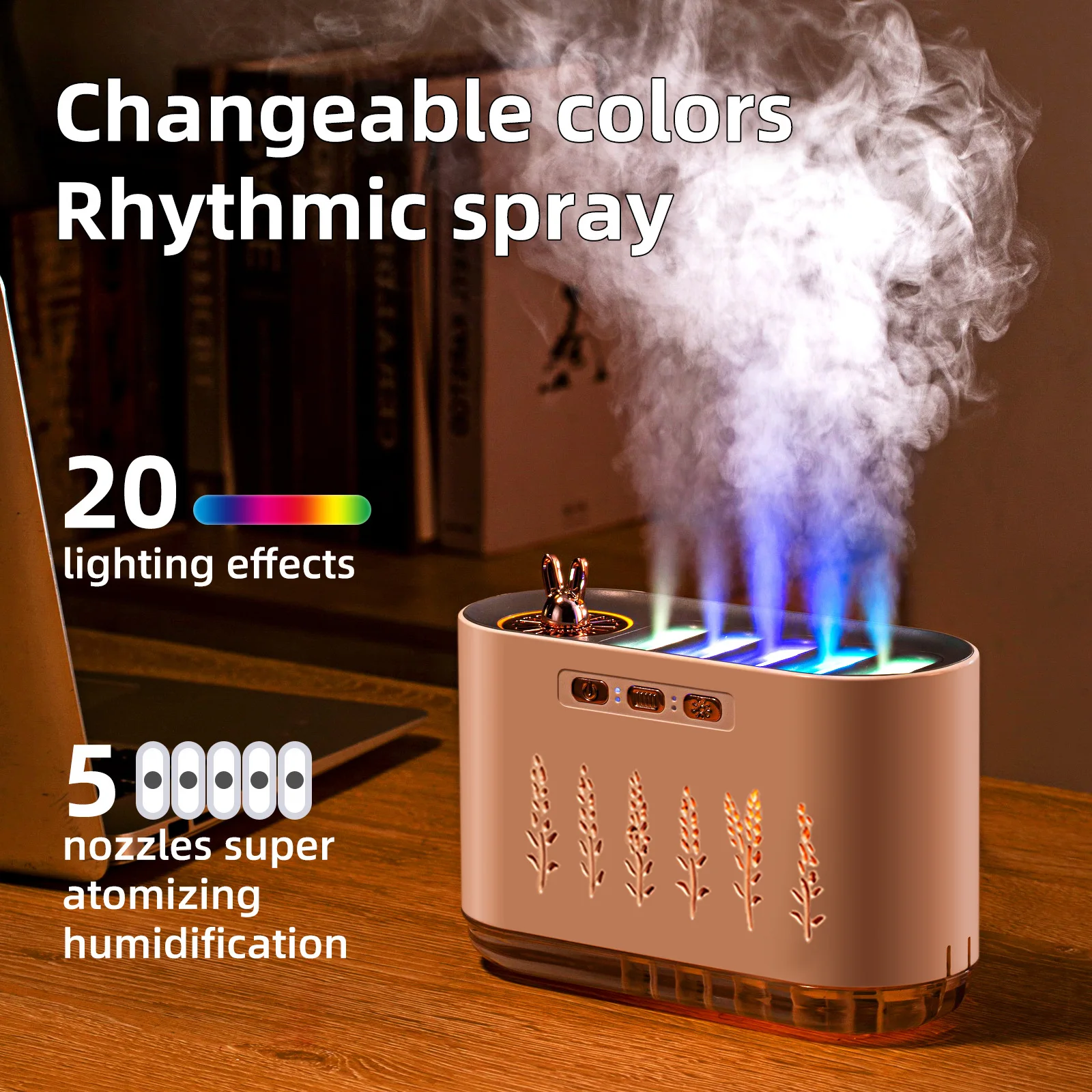 Air Humidifier for Home Use, Quiet, Bedroom, Five-hole Sprayer, Aromatherapy, Creative, Dynamic, Seven-color Voice Control