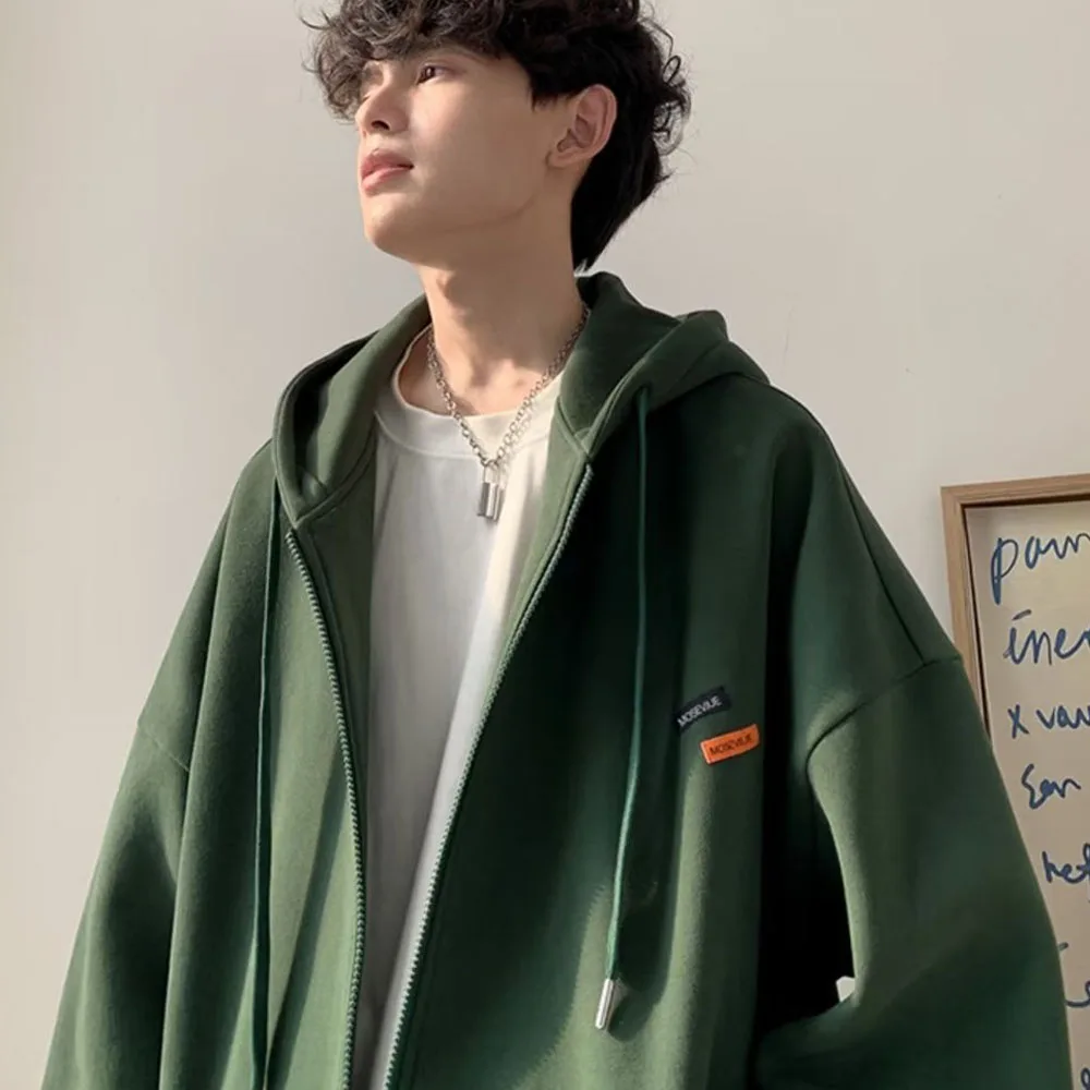 Cotton Y2K Men\'s Streetwear Oversized Zip Up Hoodies Men Green Hooded Coat Sweatshirts Spring Loose Korean Men Hip Hop