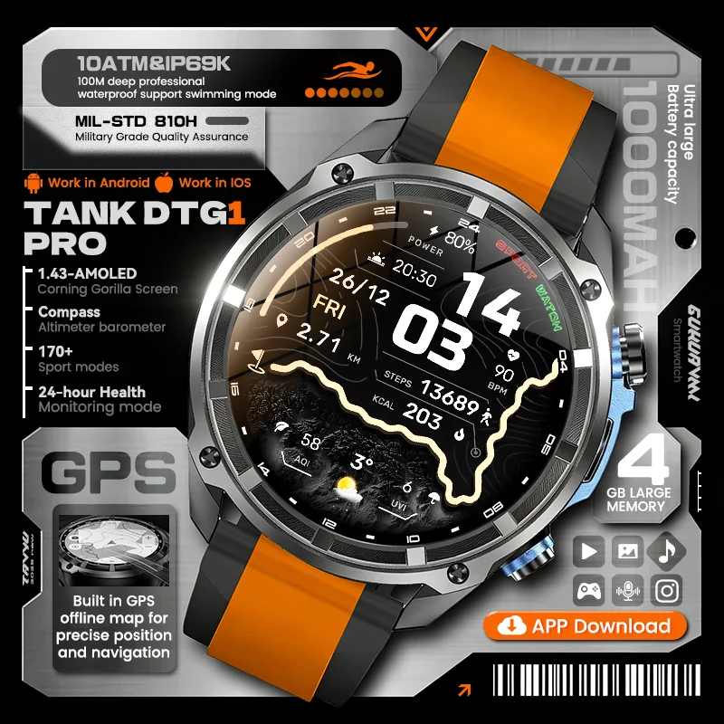 

2026New Outdoor Men Accurate GPS Map Smart Watch 4GB Memory 1000mAh Battery 10ATM Waterproof Bluetooth Call AMOLED HD Smartwatch