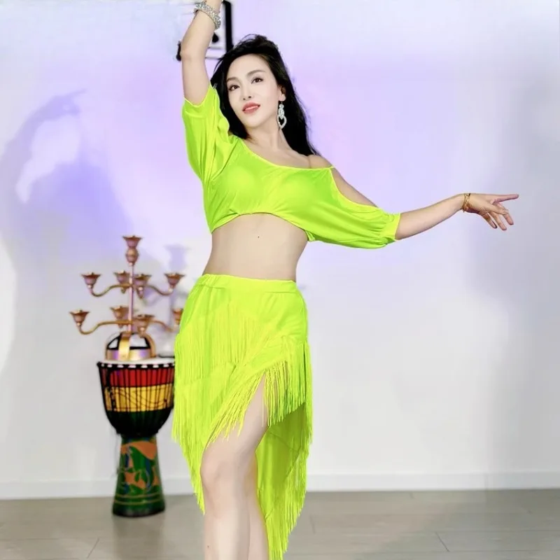 Trajes de dança do ventre swegal personalizados inspirados fluorescentes borla saia conjunto superior roupas de dança oriental terno latino vestido