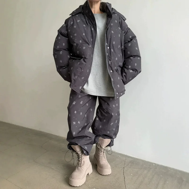 QICHE 2026 Women Floral Print 2 Piece Puffer Outfit, Mid Length Drawstring Padded Coat & Wide Leg Pants Set, Warm Winter Suit