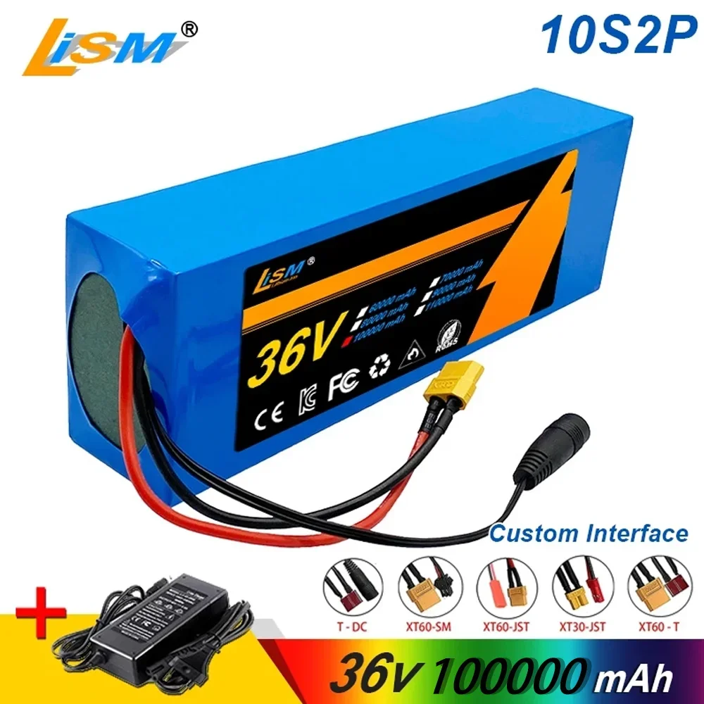 100% New 36V 100000mAh 18650 rechargeable lithium-ion battery pack 10S2P+charger can be used for electric scooter bicycles