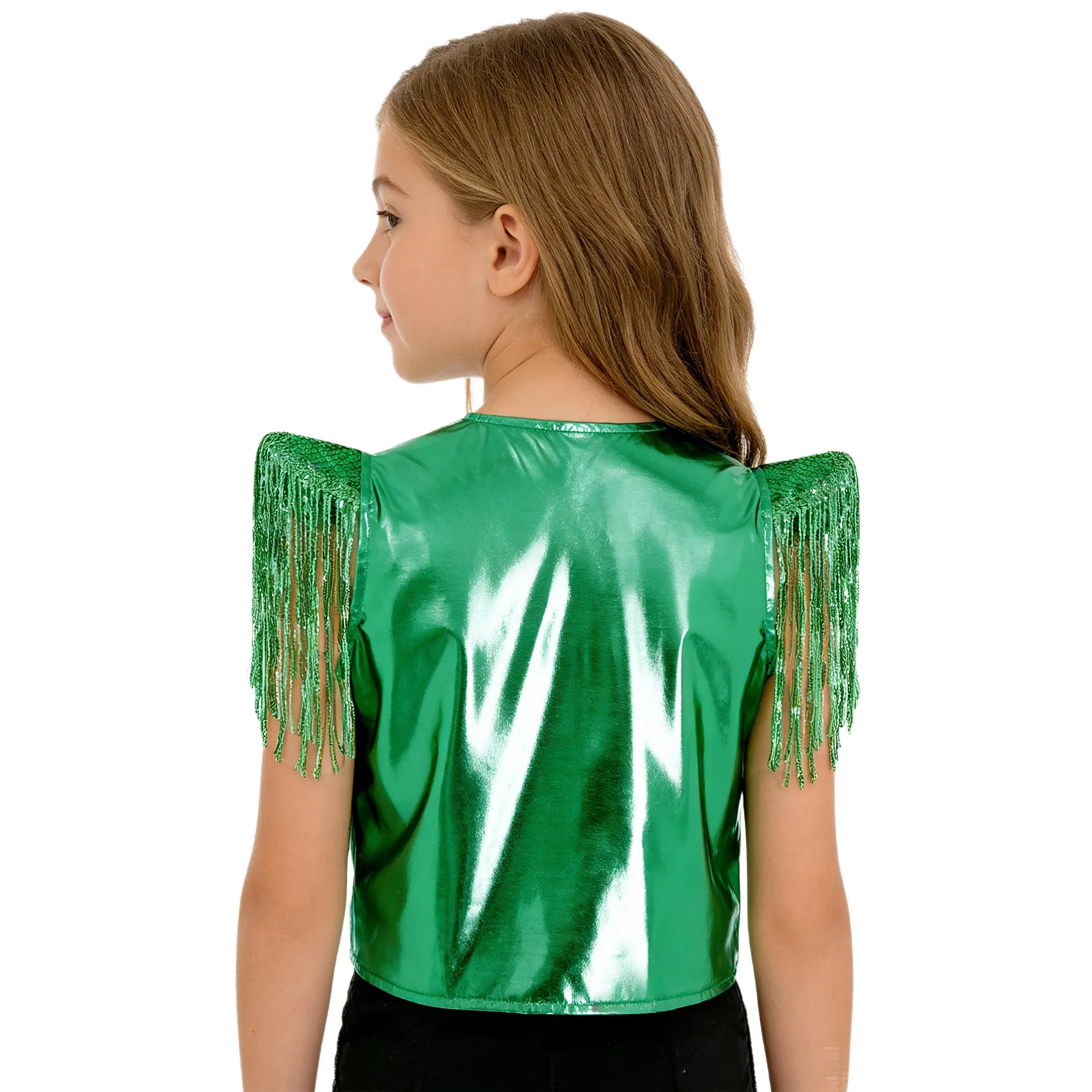 Kids Boys Girls Metallic Disco Jazz Dance Vest Shiny Sequin Tassels Cap Sleeves Waistcoat School Party Stage Performance Costume