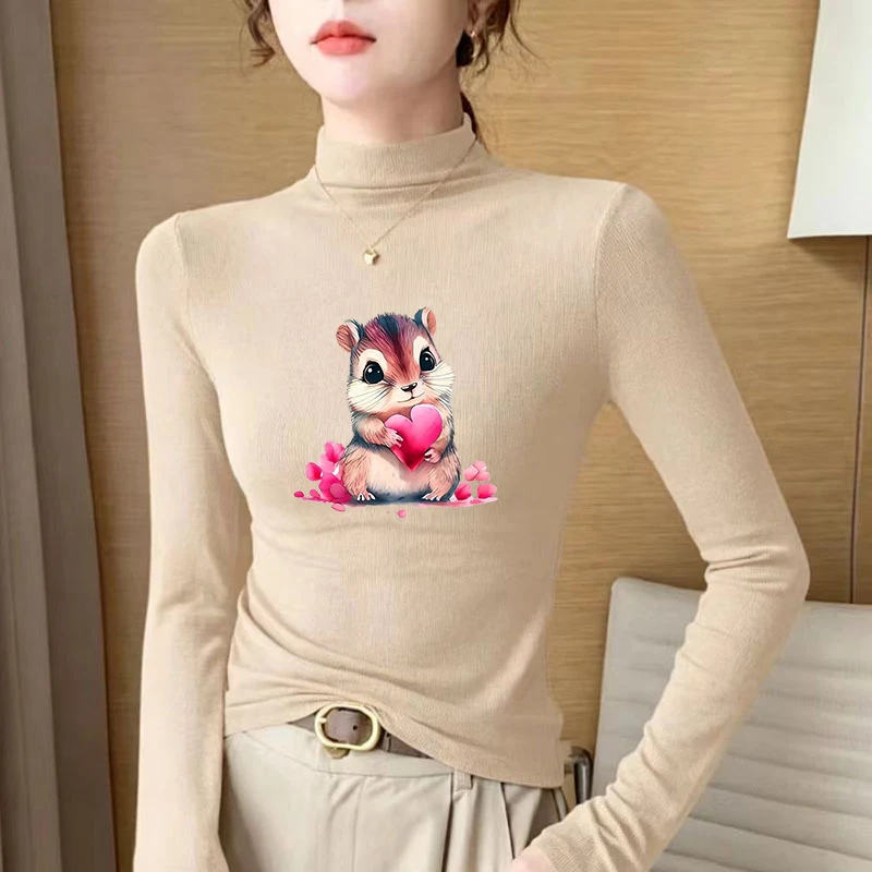 Winter Women's Thermal Brushed Fleece Half Mock Neck Long Sleeve T Shirt Chipmunk Pink Heart Petals Graphic Warm Tee