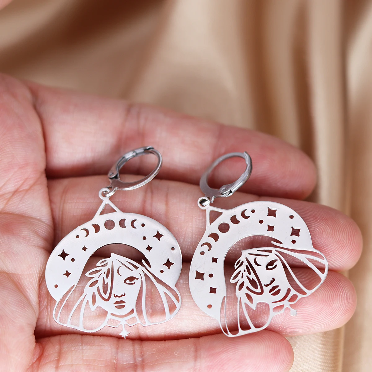 QIAMNI Witch Celestial Luna Moth Star Hoop Earrings Fairy Handmade Fashion Novelty Women Girls Gift Statement Hallowmas Jewelry