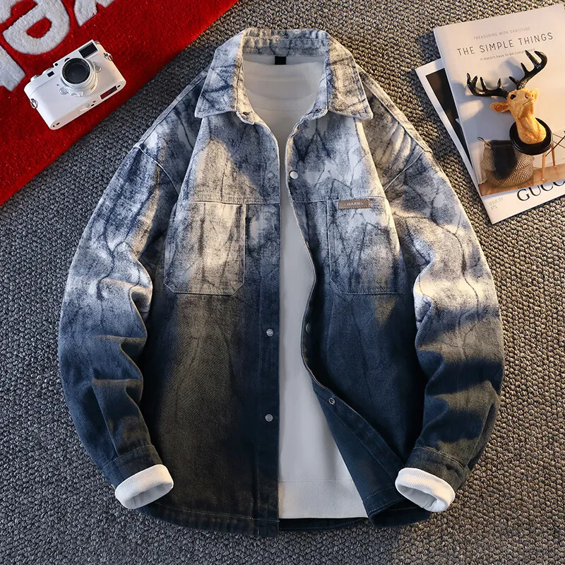 2025 الربيع والخريف جديد الأخضر البيج الأزرق إلكتروني طباعة عمال الدنيم سترة القهوة رمادي التعادل صبغ معطف فضفاض غير رسمي