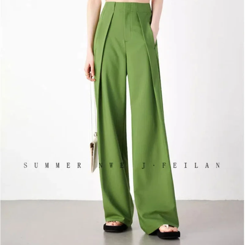 

New Wide Leg Straight Leg Casual Loose Drape Green Floor Length Casual Pants with Drape and Wide Pleats to Cover Flesh Niche