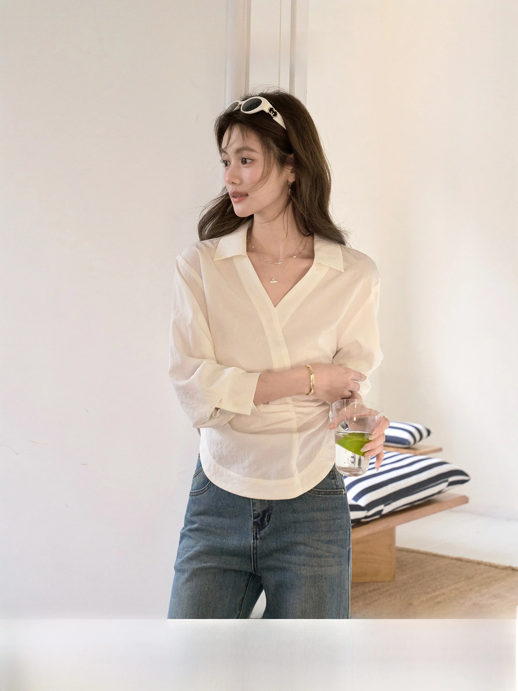 

Irregular Slant Lapel Long Sleeve Women's Shirt Early Spring V-neck Outerwear Small Top Unisex Commute Style Loose Fit