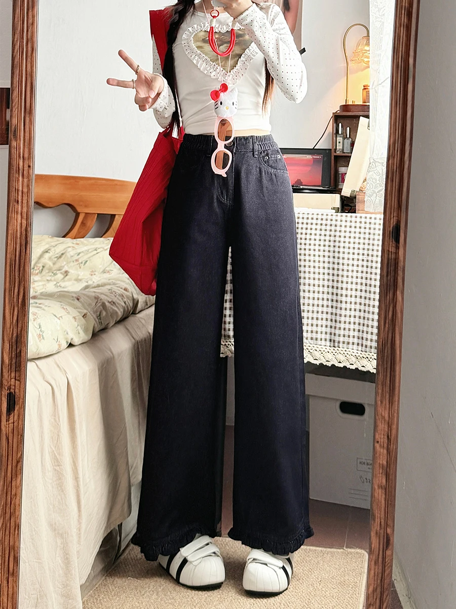 

plus Size High Waist Straight Leg Blue Jeans Women's Autumn Pear ape Body Slimming Wide Leg Pants Vintage Sle Casual Jeans