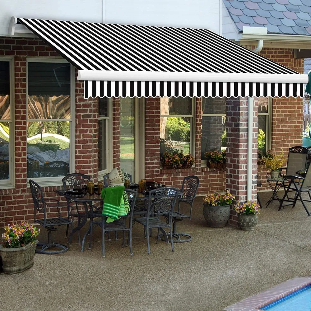 14'x10' Maui Manual Patio Retractable Awning Outdoor Canopy Sun Shade Without Aluminum Protective Hood, Black and White Stripe