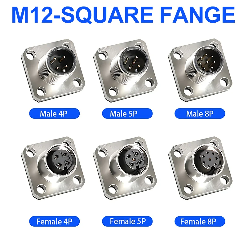 5/20PCS IP67 M12 Square Flange Sensor Connector 4 5 8 12 Pin A Type Waterproof Male Female Plug Screw Angle Threaded Coupling