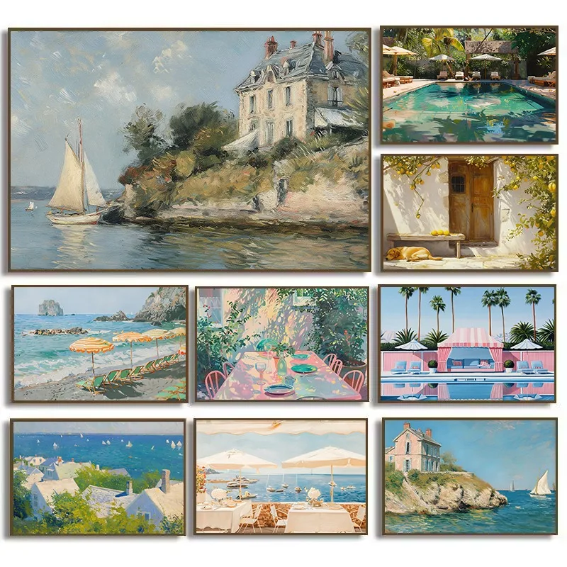 Retro Watercolor Coastal House Sailboat Beach Lemon Tree Tropical Poolside Poster Canvas Painting Wall Pictures Home Decor