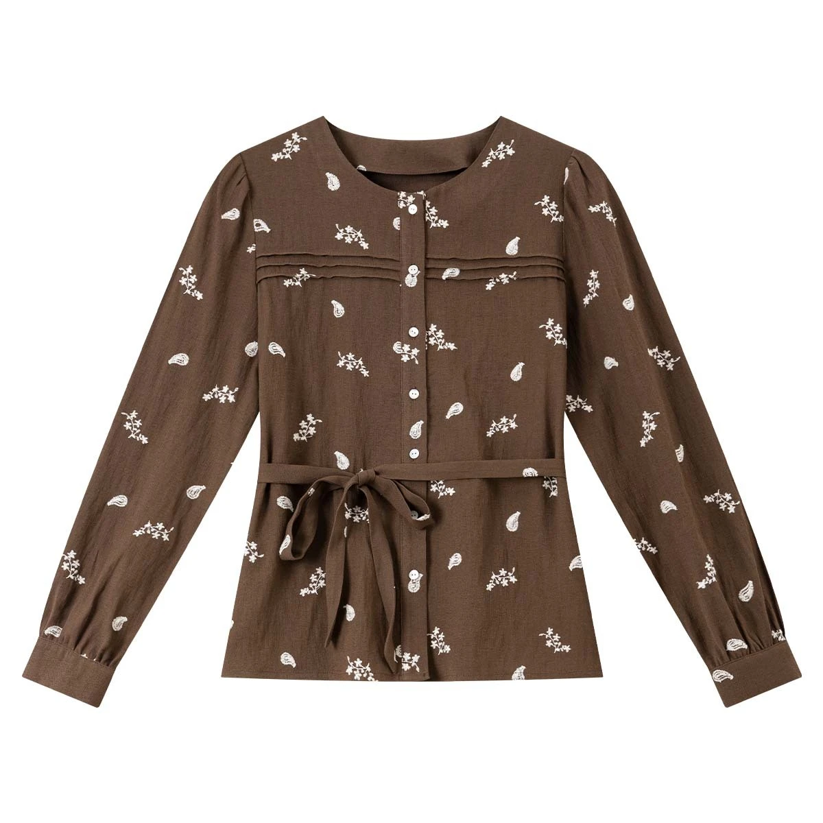 VIMLY Women's Brown Floral Embroidery Shirts Fall 2025 French Round Neck Elegant Chic Woman Top Puff Sleeve Lace-up Blouse A3075