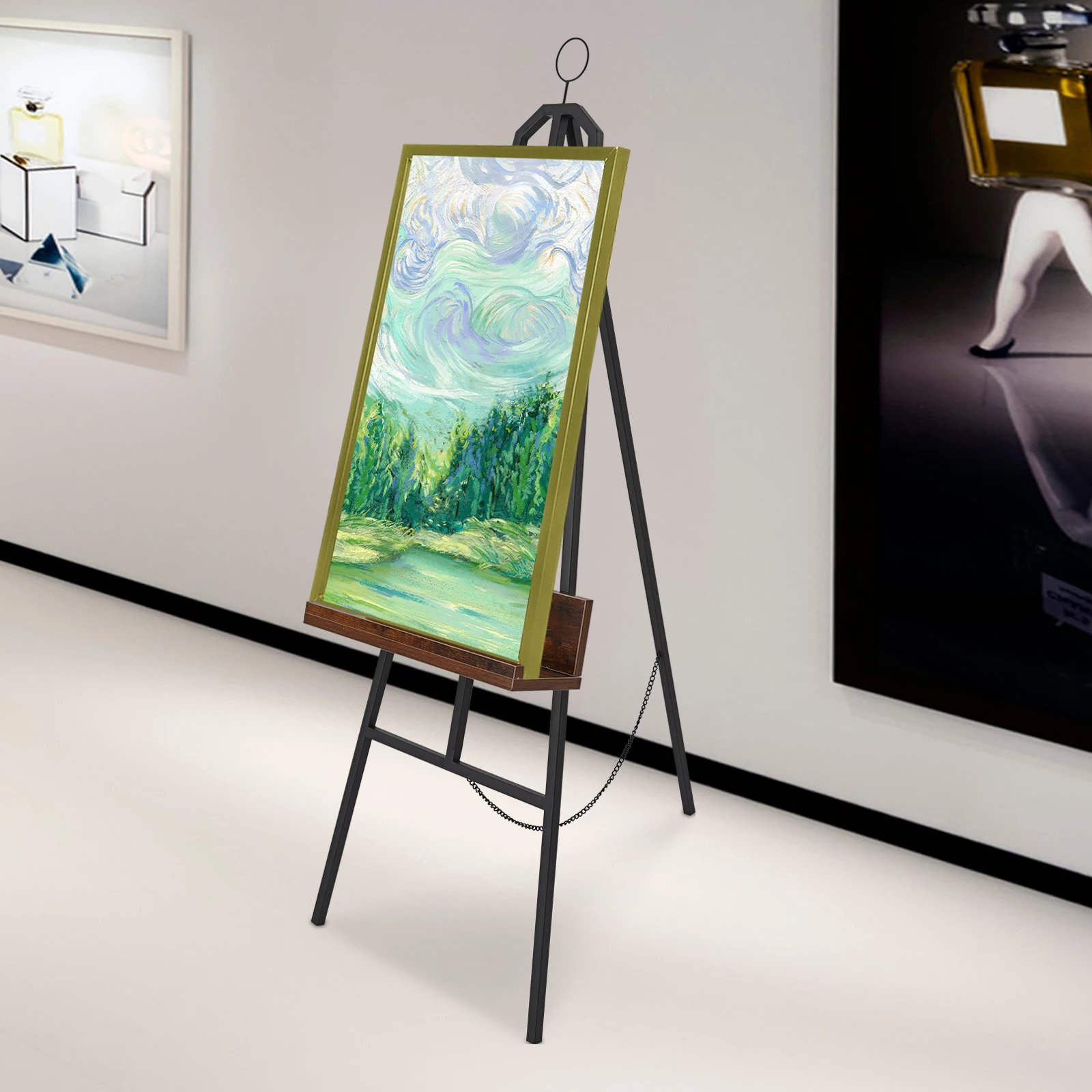

Black Iron Wood 45.7x40.6x132cm Easel Chain Poster Stand Adjustable Angle Display Stand