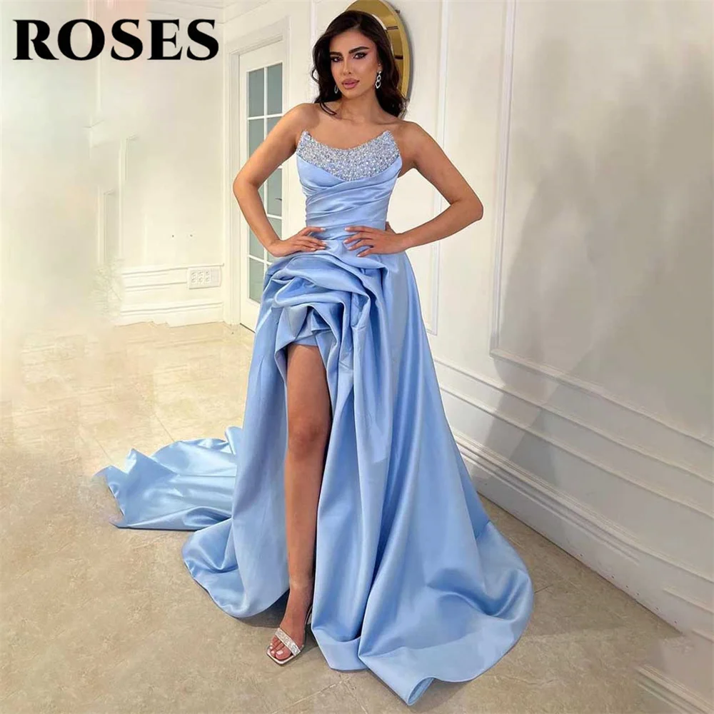 

ROSES Sky Blue Evening Dress A-Line Sequins V-Neck Party Dress Vestido De Novia Sexy Pleat Sleeveless Prom Dress with High Split