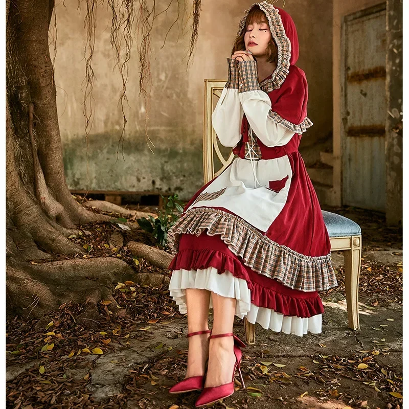 Lace Patch Lolita Little Red Riding Hood Long Dress Cosplay Costume Suit With Cape For Girls Woman Party Costumes