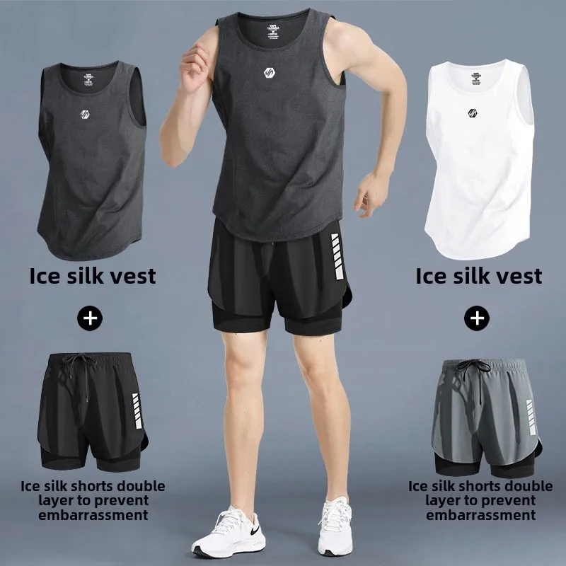 Set sportivo estivo da uomo Gilet in tessuto di seta ghiacciata Abbigliamento fitness traspirante Pantaloni corti Canotta Attrezzatura da corsa per allenamento atletico