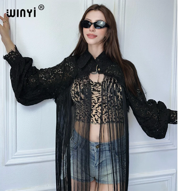 WINYI beach cover-ups summer outfits for women Elegant fashion jacket sexy Holiday long Sleeve Ultra-short tassel coat