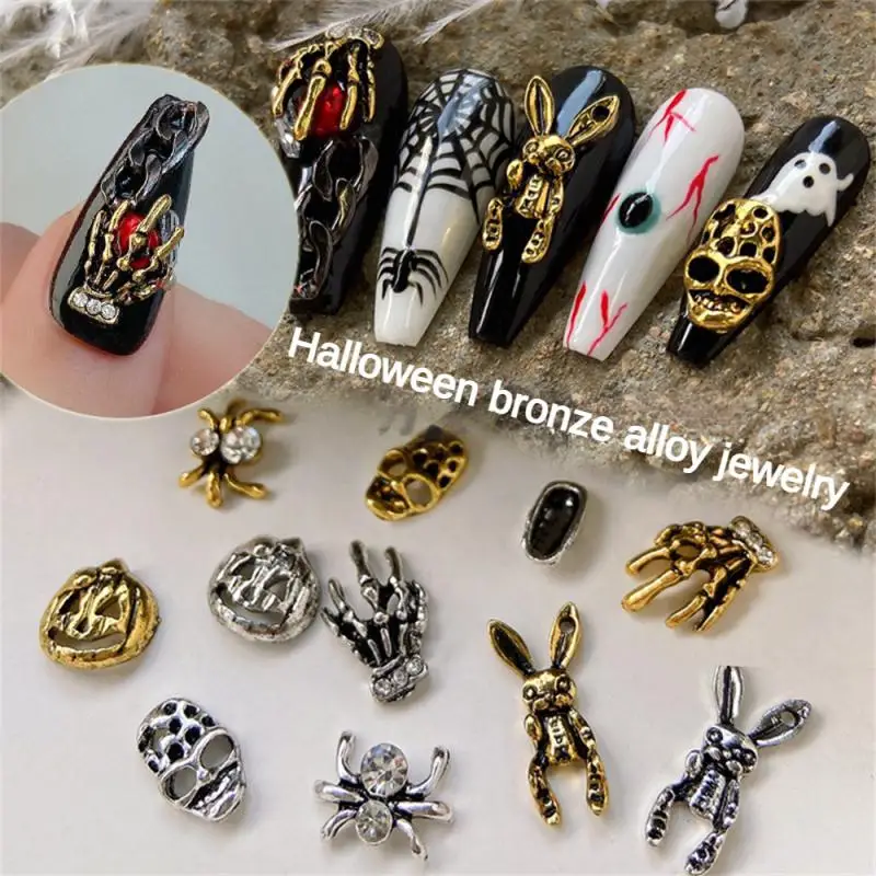 Halloween Metal Nail Charms 3D Alloy Ghost Hand Skeleton Pumpkin Spider Skull Nail Gems Rhinestones Nails Accessories