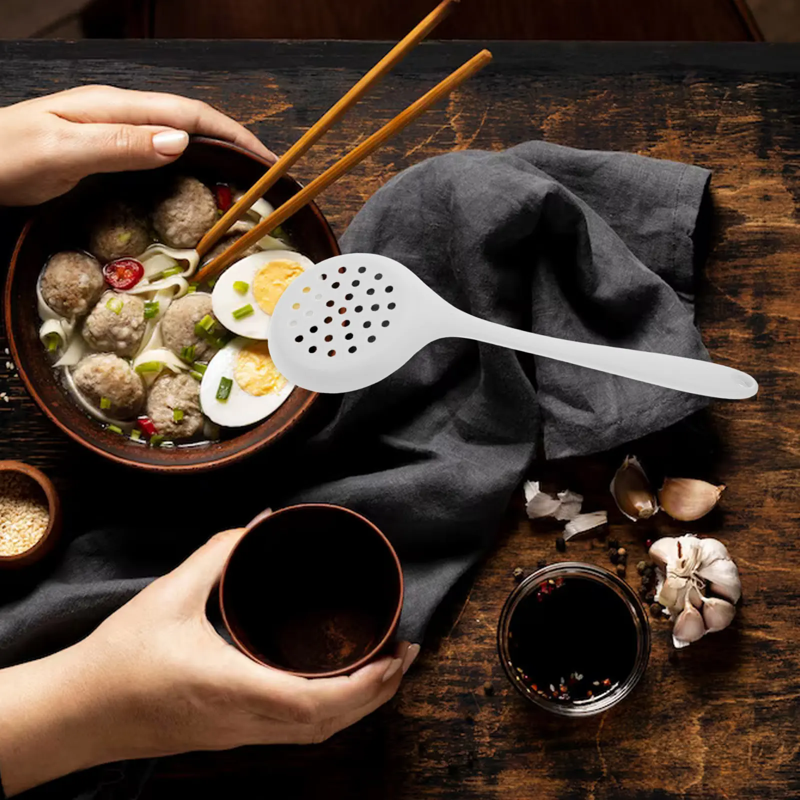 All in One Silicone Ladle Skimmer Strainer Spoon High Heat Resistant Nonstick Safe for Pots Pans Hot Pot Cooking Pasta Noodles