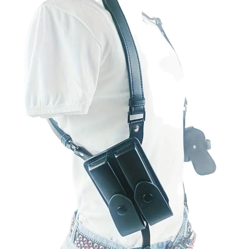 Leather Double Pouch Concealed Pistol Holster with Adjustable Side Strap
