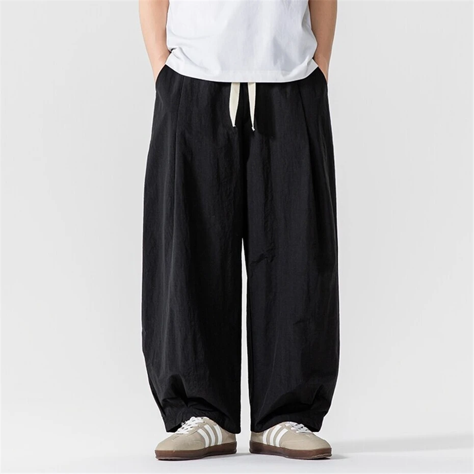 Large Size Thin Pink Pants Mens Summer Vintage Wide-leg Trousers Men Harajuku Japan Style Elastic Waist Baggy Casual Pant Male