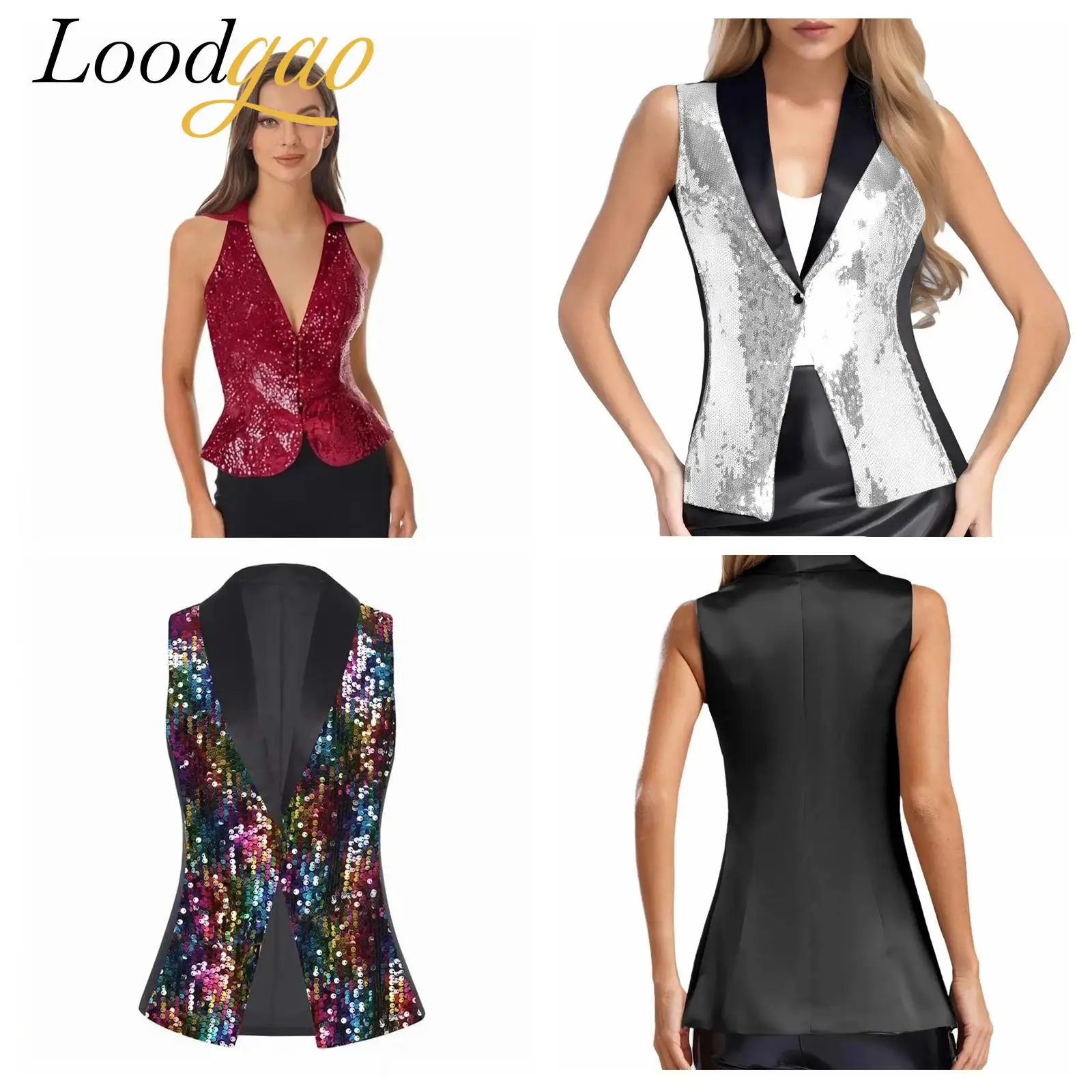 Sequins Vest Womens Fshion Sleeveless Vests Nightclub Bling Waistcoats Dressy Tops Rave Music Festival Party Sparkly Cosutme