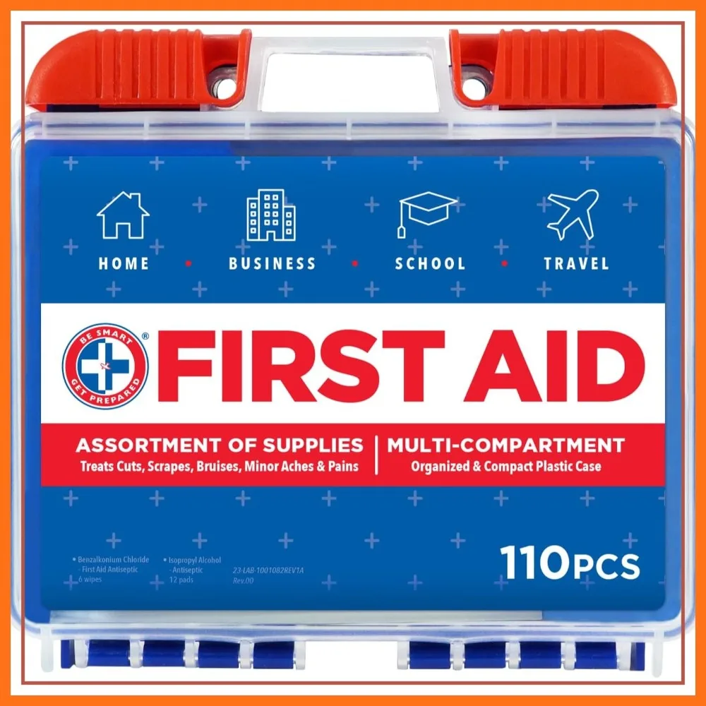 

110 Pc First Aid Kit: Clean, Treat, Protect Minor Cuts for Home, Office, Car, Travel, Outdoor, Camping, Sports, FSA/HSA Eligible