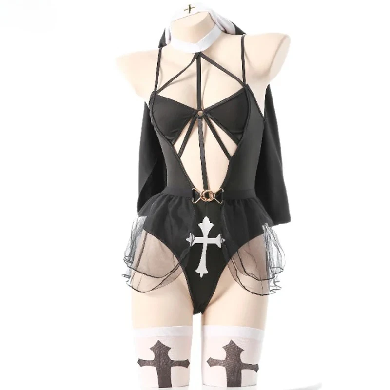 Anime Mädchen Kloster Nonne Uniform Frauen Kreuz Body Strümpfe Outfits Halloween Cosplay Kostüme Unterwäsche Rolle Spielen Dessous