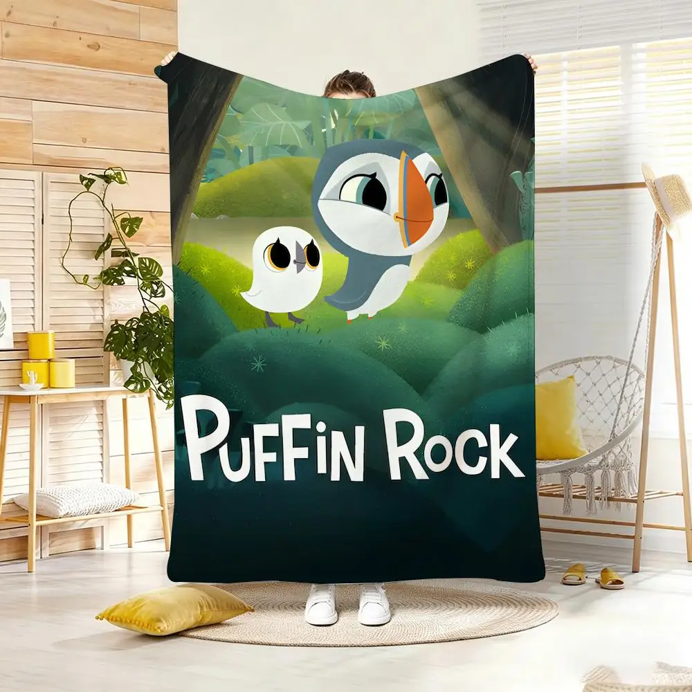 Kids Cartoon P-Puffin Rock Throw Lightweight 240g Flannel Blanket Soft Skin-friendly for Summer Cooling