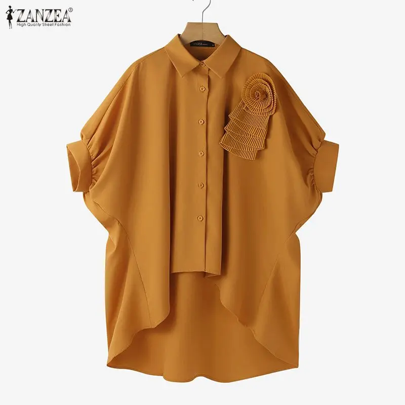 

Модная женская асимметричная блузка ZANZEA с 3D-цветами, элегантная, с отложным воротником, рукавом 3/4, на пуговицах, оверсайз