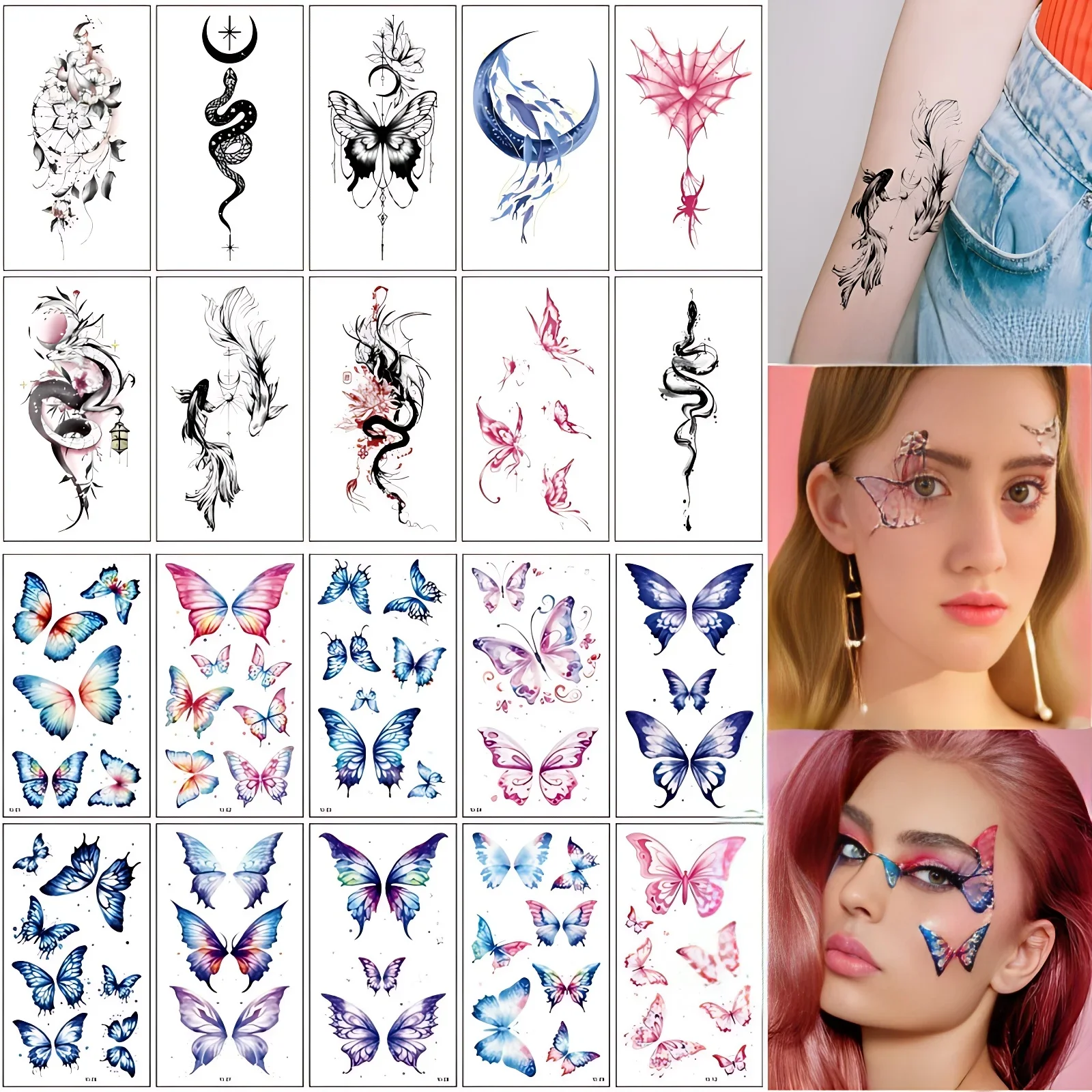 20pcs/lot Fake Tattoo Stickers Spider Webs Colorful Butterfly Snake Sexy Tattoos Adhesive for Women Girls Body Chest  Forearm