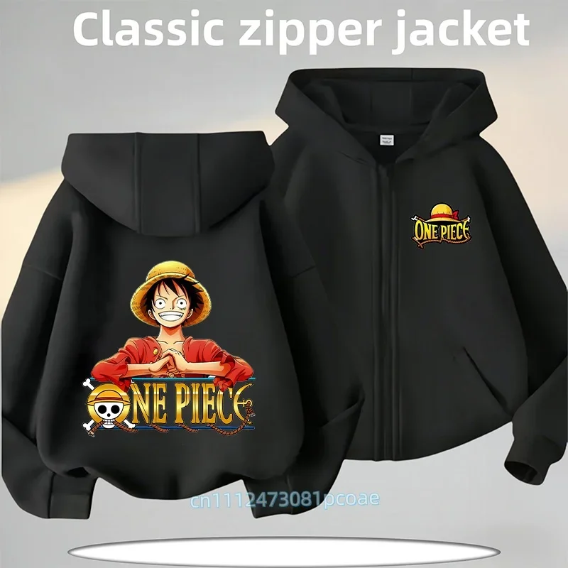 Cartoon Print Clothes Anime One Pieces Zipper Hoodie Kids Long-sleeved Luffy Zoro Hooded Sweatshirt Casual Top for Boys Girls