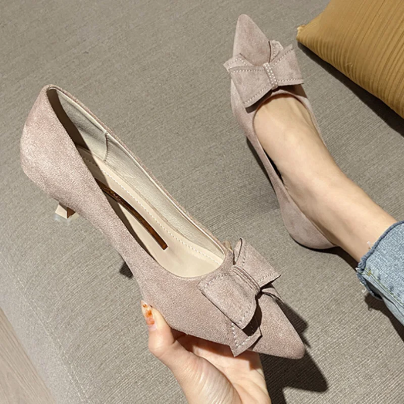 Women Sweet Seam Bow Pointed Toe Pumps Kitten Heels Flock Cloth Shoes Snug Slip-On In Blue Black Beige 33-43 Narrow Feet Tacons