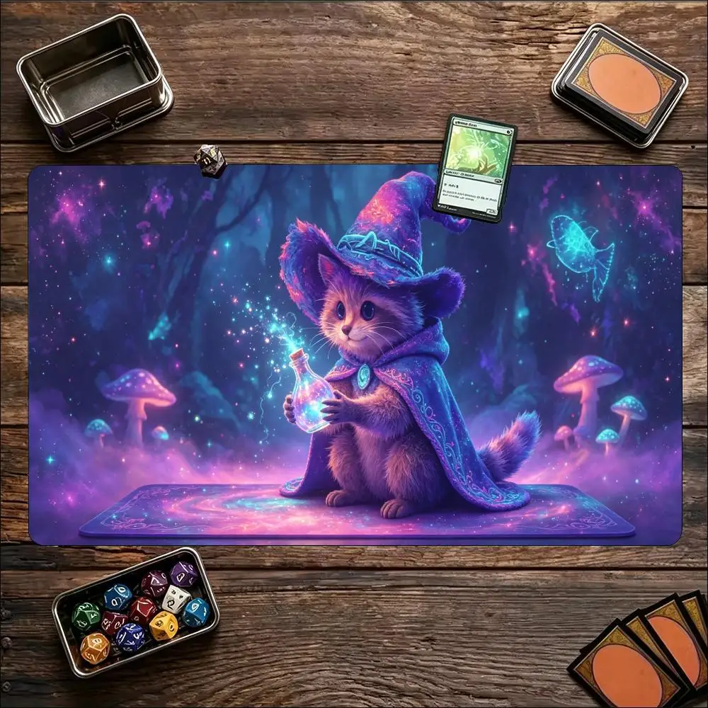Cosmic Wizard Kitten Large Game Mat Non‑Slip Rubber Playmat Purple Galaxy Magical Art for Trading CardTabletop Hobby Table Decor