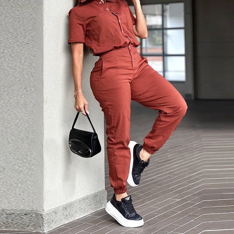 

Elegant Short Sleeve Lapel Playsuits Chic Multi Pocket Elastic Rompers High Street Fashion Single Breasted Solid Color Jumpsuits