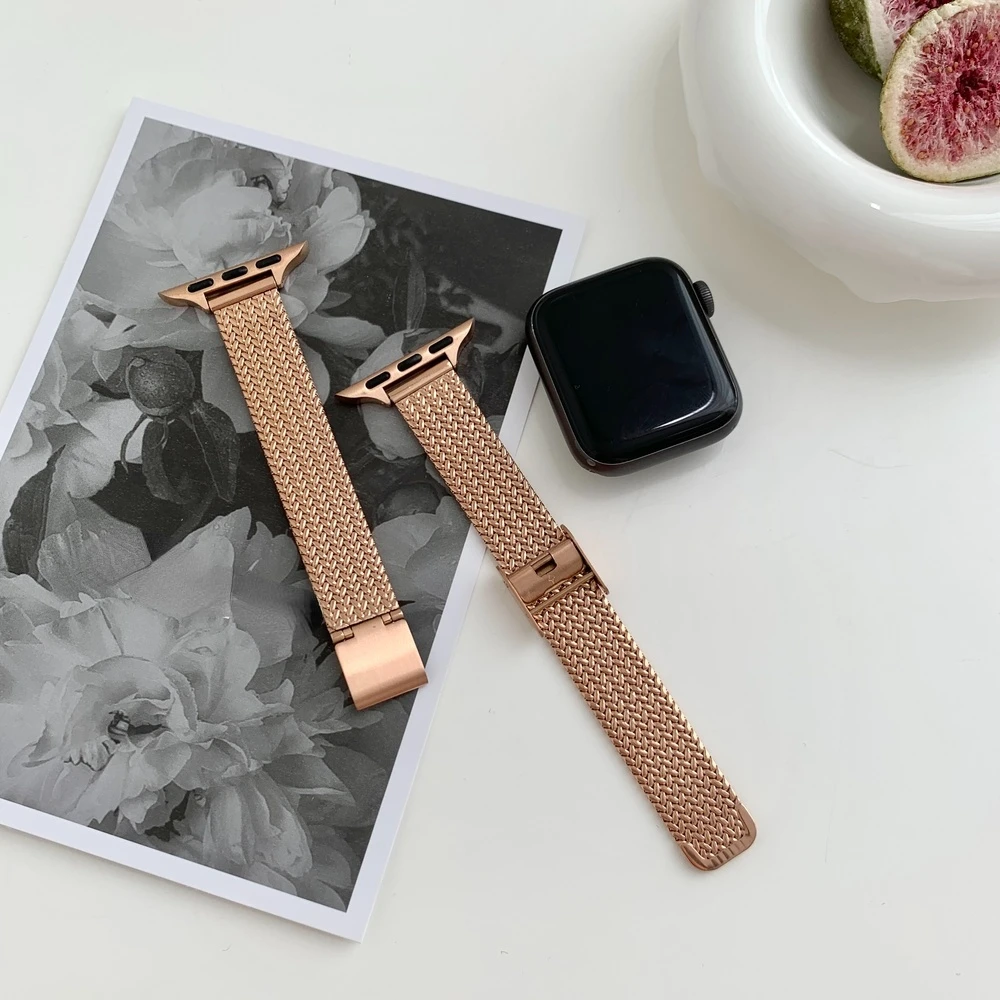 سوار ساعة العلامة التجارية الجديدة حزام ساعة اليد لساعة iwatch1234567se بسيط نمط الأذن القمح الفولاذ المقاوم للصدأ حزام ساعة لساعة أبل